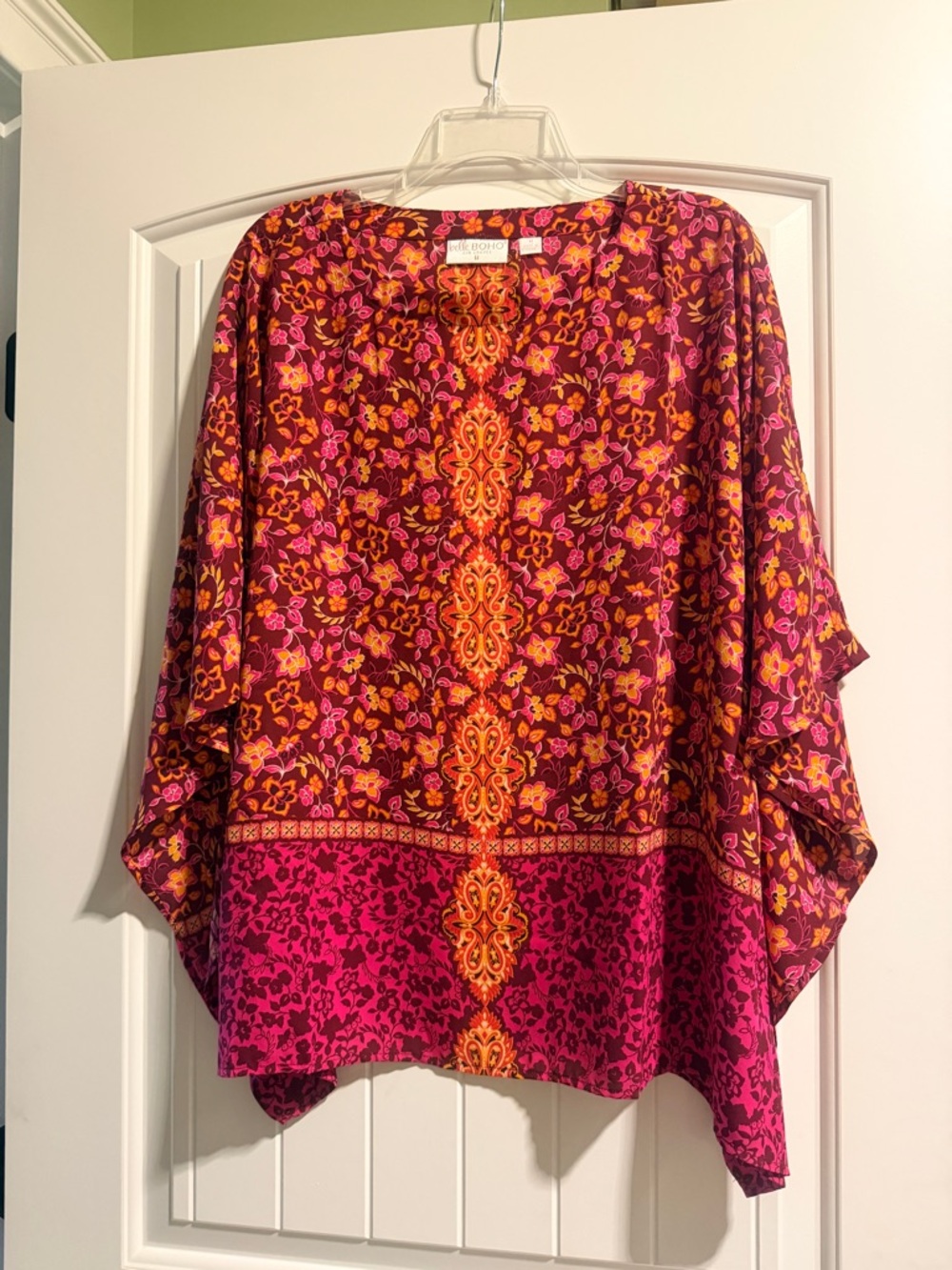 Kim Gravel Boho Sz M Blouse Kaftan Style Burgundy/Mauve/Orange Floral Breezy